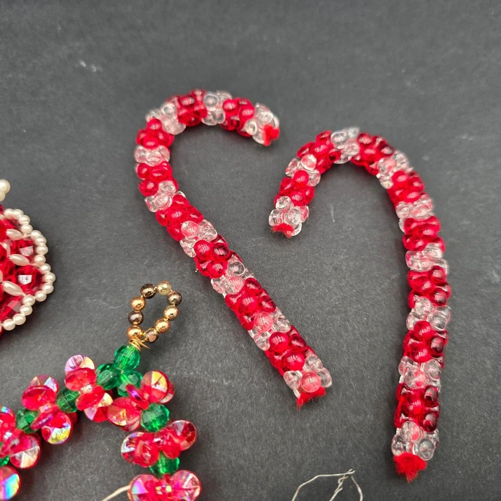 Vintage Handmade Beaded Christmas Ornaments Lot Wreaths Candy Canes Snowflakes
